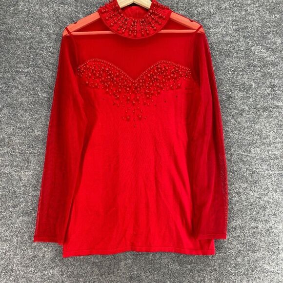 Unbranded Blouse Women M Medium Red Rhinestone Long Sleeve High Neck Pullover - Picture 4 of 7